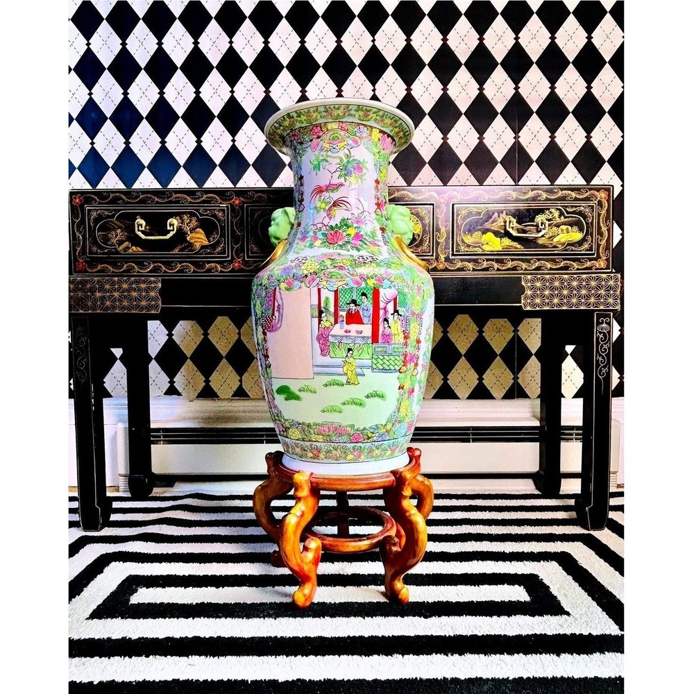Grand Famille Rose Floor Vase 2FT Vintage w/ Green and Gold Foo Dog Mask Handles - Picture 1 of 12